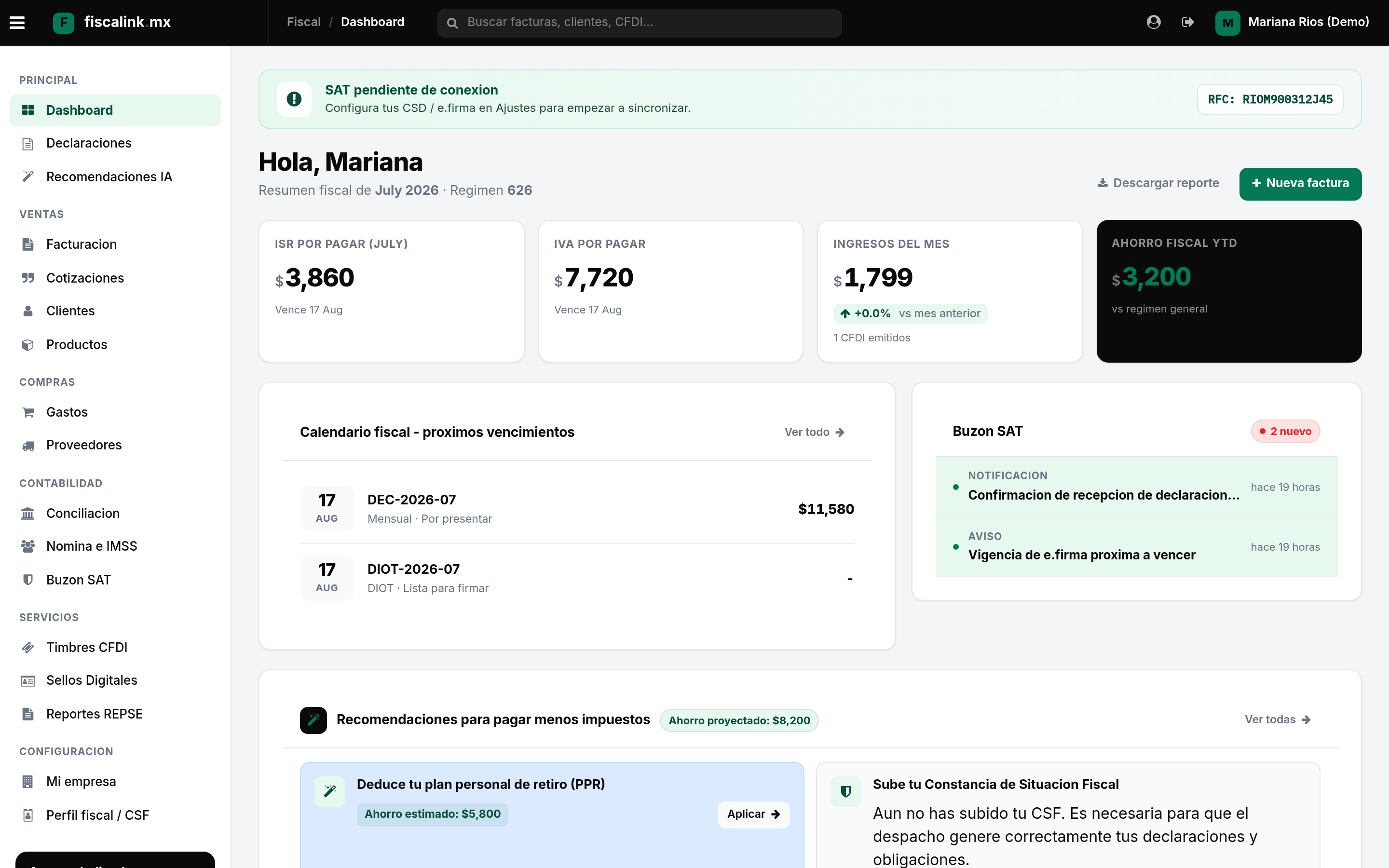 Dashboard fiscal de FiscaLink